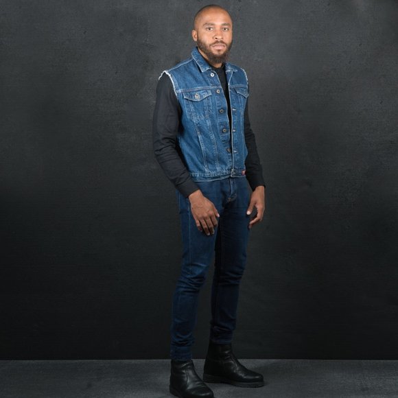 MEN - Guess Denim Sleeveless Jacket - Dark Blue Jean - Picture 1 of 7